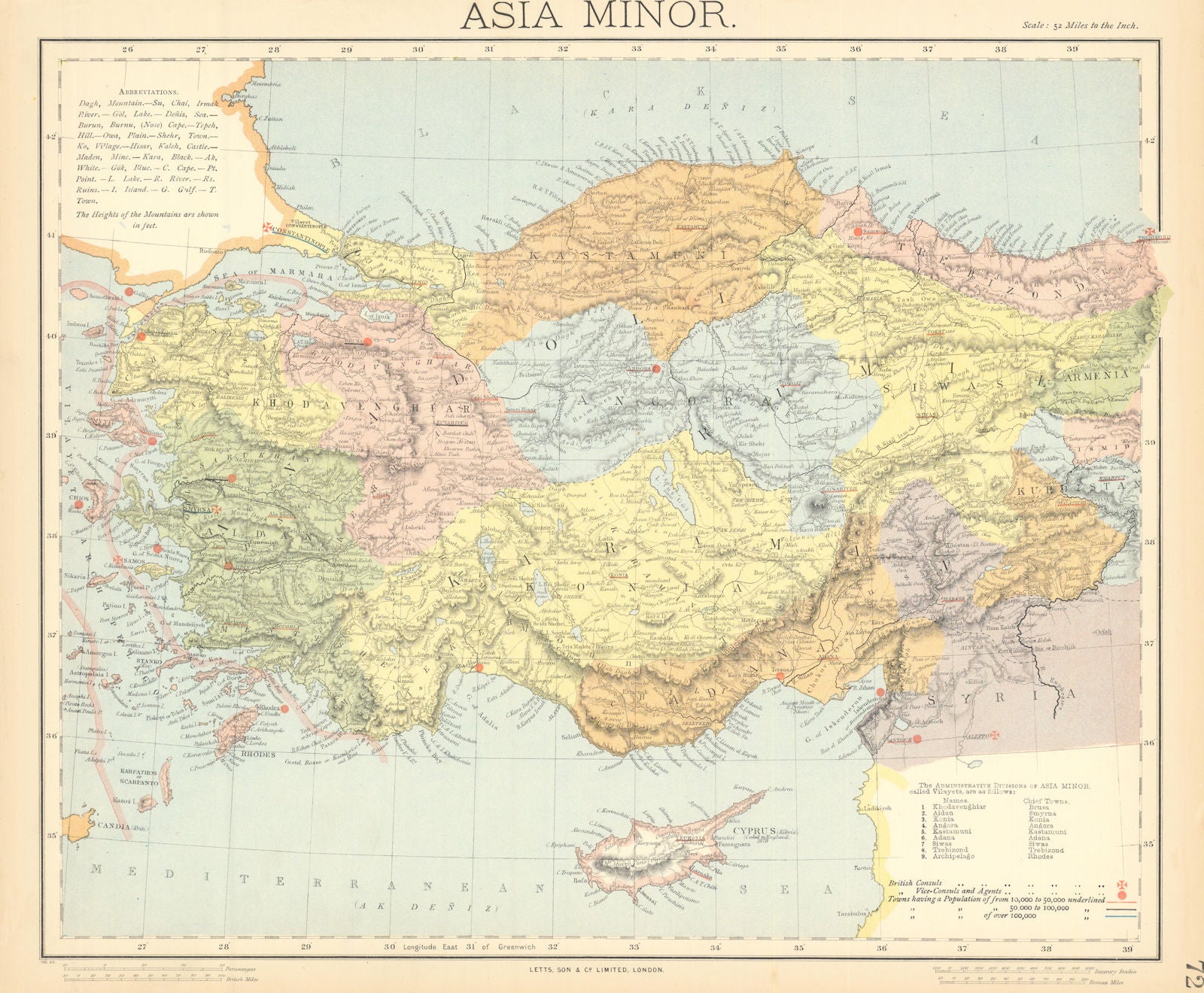 TURKEY. Asia Minor vilayets. Dodecanese. British Consuls. Cyprus. LETTS 1892 map